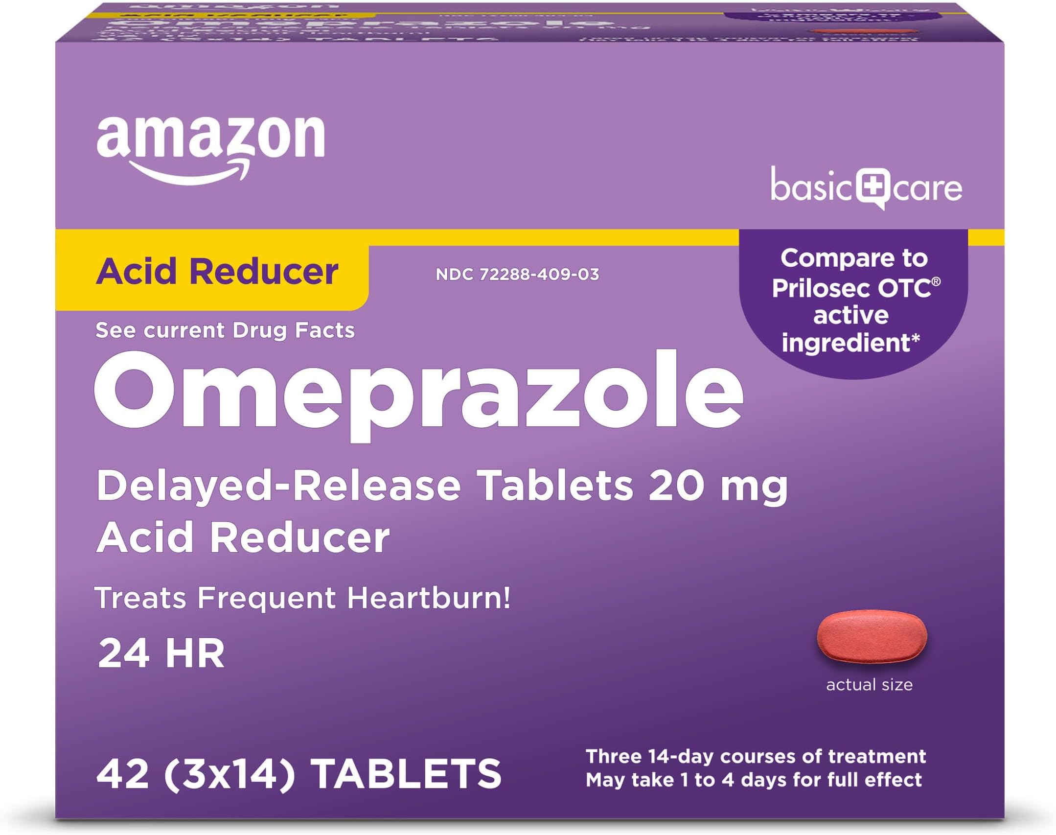 Amazon Basic Care Omeprazole Delayed Release Tablets 20 mg, Acid Reducer, treats frequent heartburn,, Cream, Regular, 42 Count (Pack of 1), 42 Count,