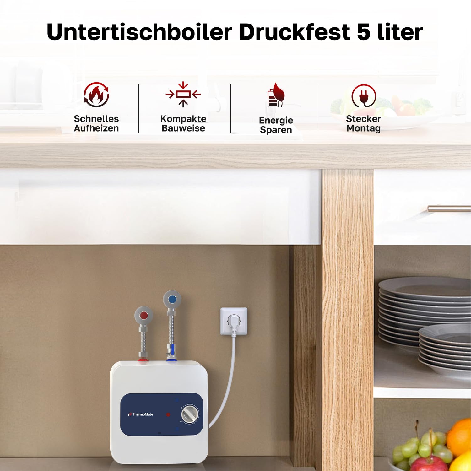 ThermoMate ES05DE druckfest Kleinspeicher 5 Liter Untertischboiler 2000 W 230V Warmwasserbereiter