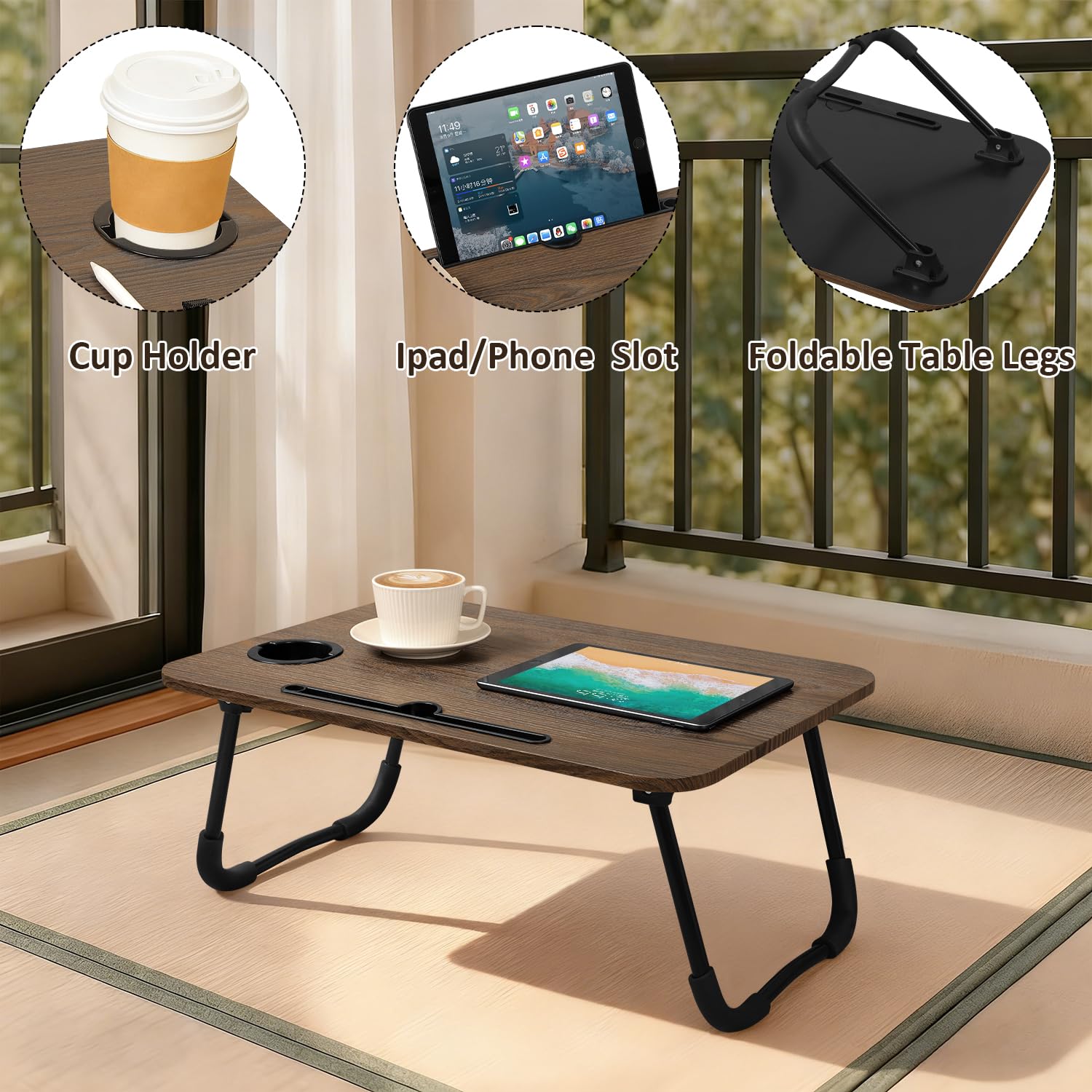 Escritorio plegable de madera portátil con soporte para tazas y ranura para tableta, escritorio plegable para laptop, sofá, escritorio de suelo para leer, escribir, comer, ver películas, marrón