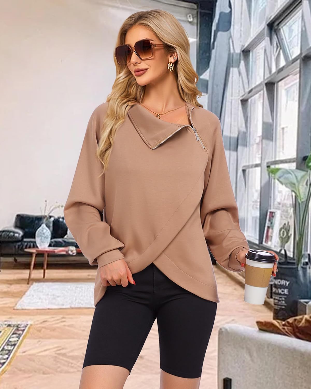 VALOLIA Sweatshirts Quarter Zip Pullover Tops Fall Clothes Turtleneck Sweatshirt Lightweight Tunic Sweaters - Image 5