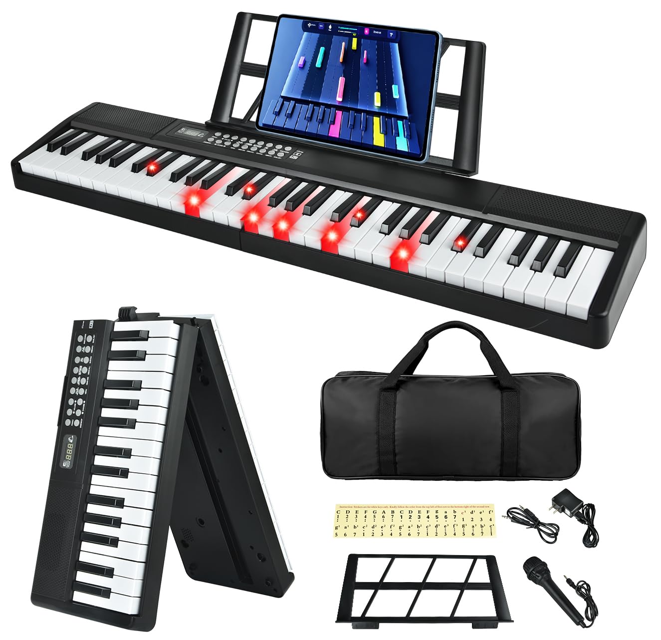 61 Key Keyboard Piano, Semi Weighted Electric Piano, Lighted Keys,8H Battery Life, USB-MIDI Keyboard -Includes Music Stand, Microphone, Stickers, Bag, Foldable Keyboard Piano for Kids/Beginners
