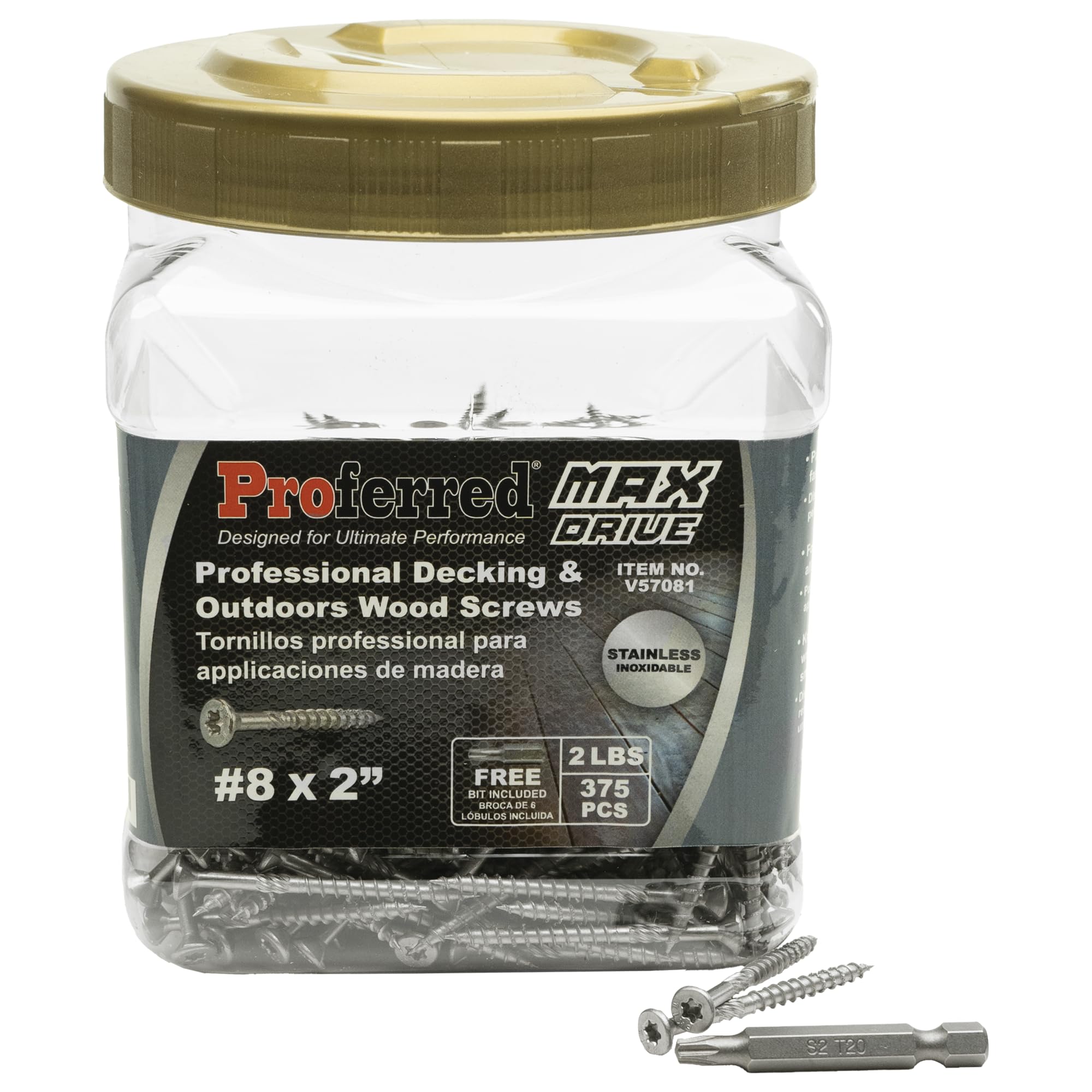 Vis à bois inox terrasse Proferred 8x5,1 cm bocal de 375 pièces pour aménagement extérieur durable
