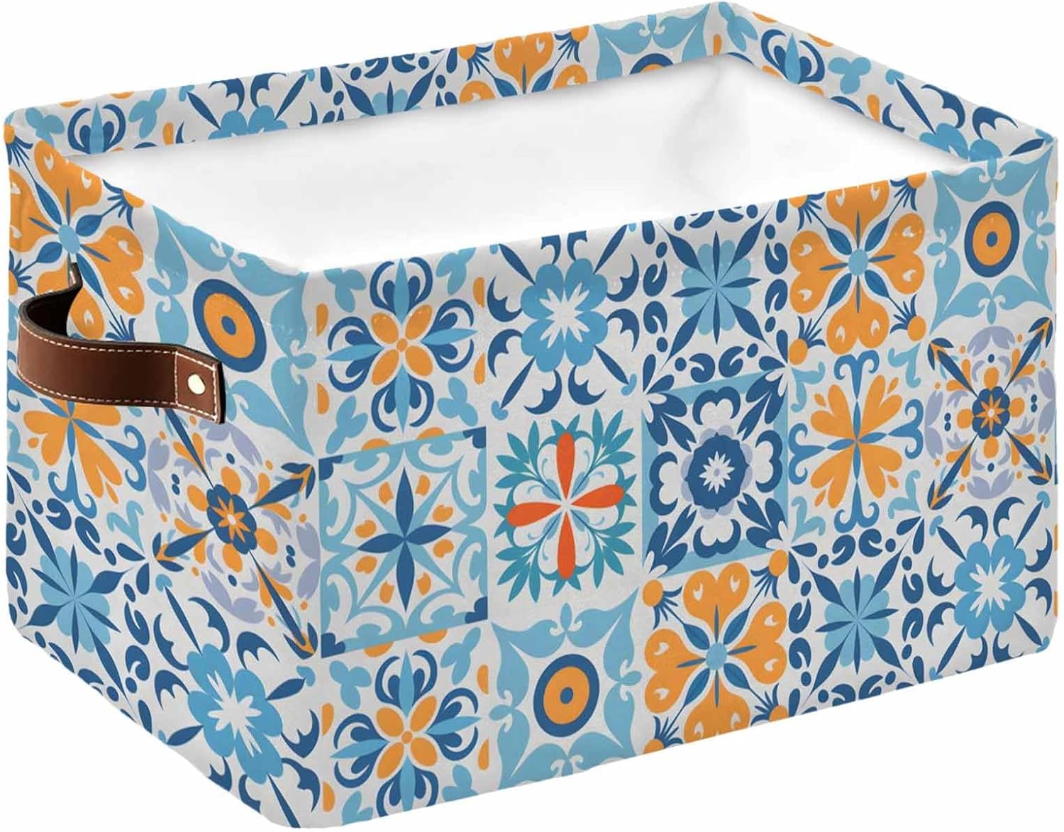 Blue Mediterranean Storage Bins Cubes Waterproof Cloth Storage Basket, Vintage Moroccan Tiles Texture Foldable Storage Bags for Shelf Closet Clothes Storages Organizers with Handles 15x11x9.5 in 1PCS