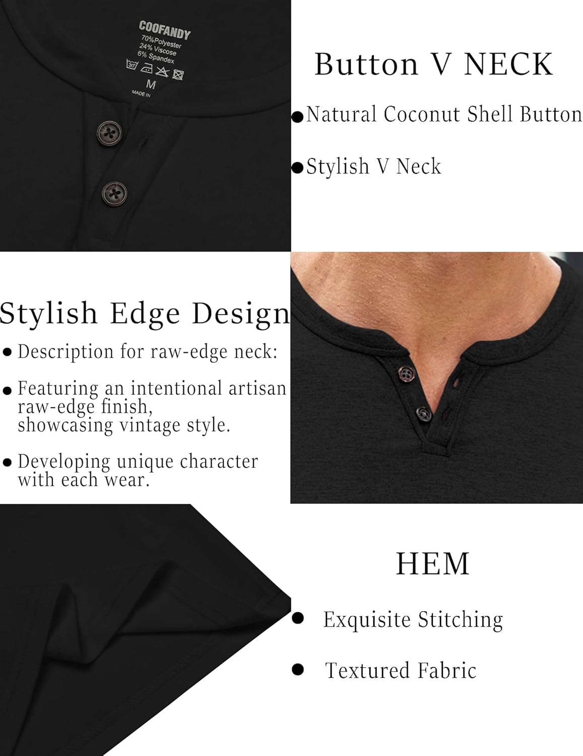 COOFANDY Men's Soft T Shirts Short Sleeve V Neck Casual T-Shirt Button Neck Tee Classic Plain Shirts - Image 6
