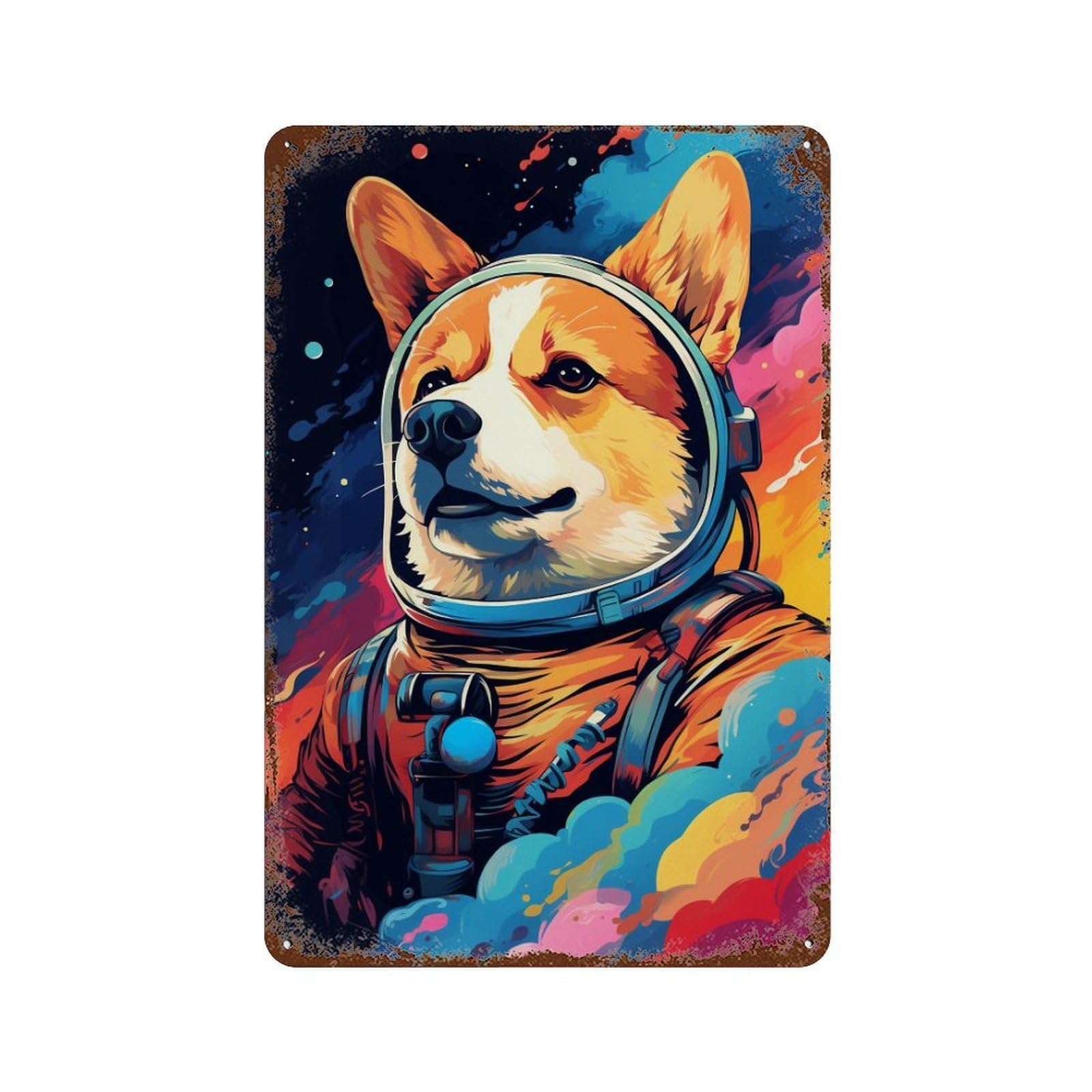 Decorative Tin Sign with Corgi Astronaut in Space -29 Design 11.8"x7.9", for Basement, Hobby Room And Garage Decor, Farmhouse Wall Decor
