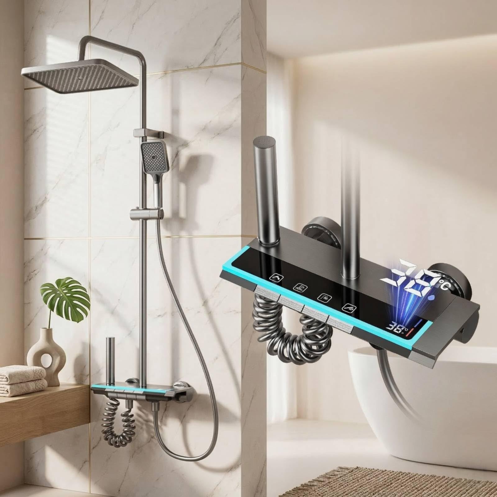 Columna de Ducha con Rociador Efecto Lluvia 30x20cm, Conjunto de Ducha de 4 Funciones con Botones de Piano, Barra Regulable 70-103cm y Ducha de Mano para Baño