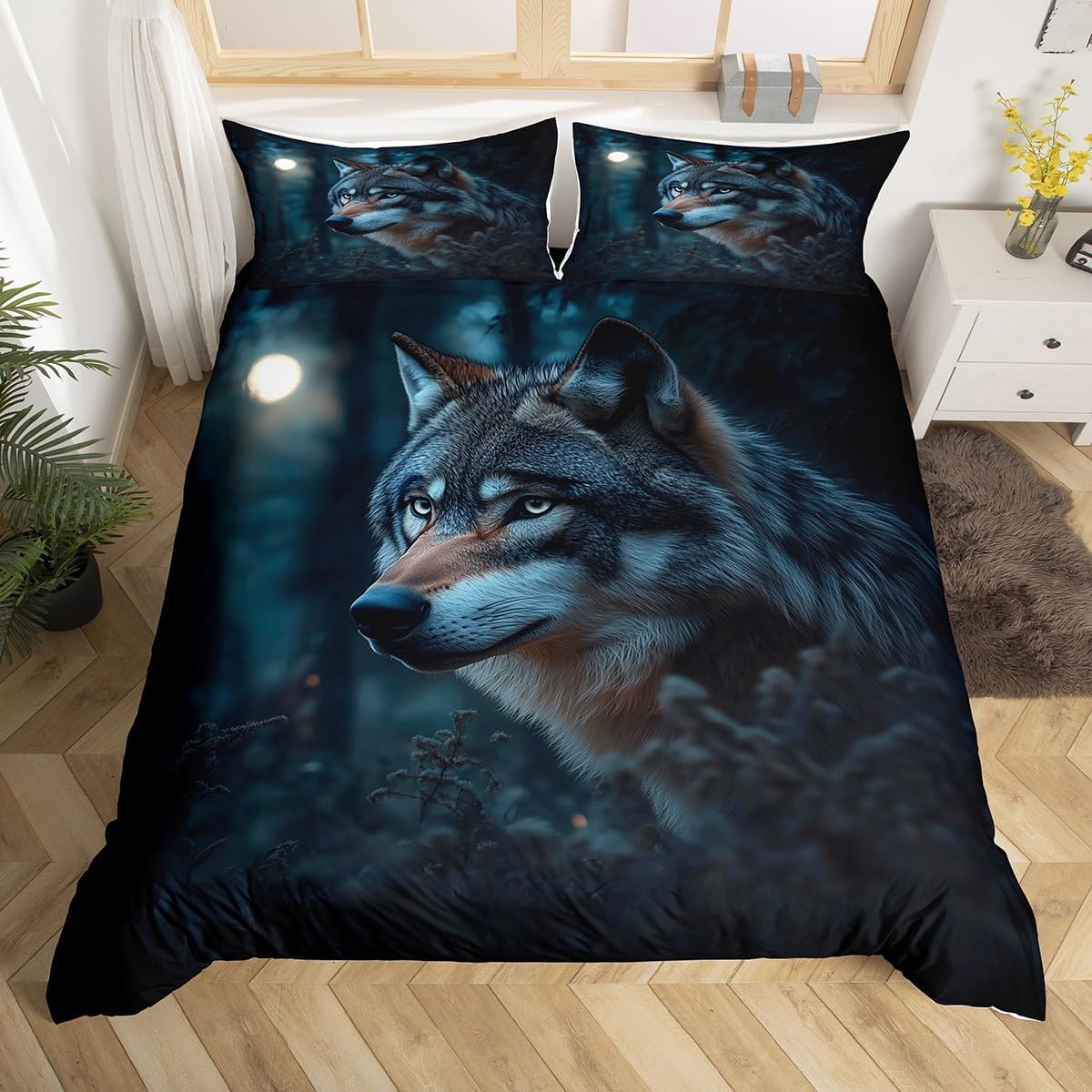 Feelyou Wolf Duvet Cover King Size Kids Wolves Howling Comforter Cover Set for Boys Girls Teens Mountain Moon Wolf Bedding Set Breathable Animal Wolves Bedspread Cover Quilt Cover