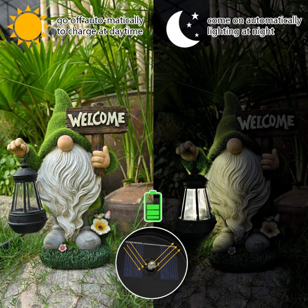 Gnomo giardino divertente con lanterna solare segno di benvenuto ornamenti da giardino solare doni di figura gnoma per prato da patio