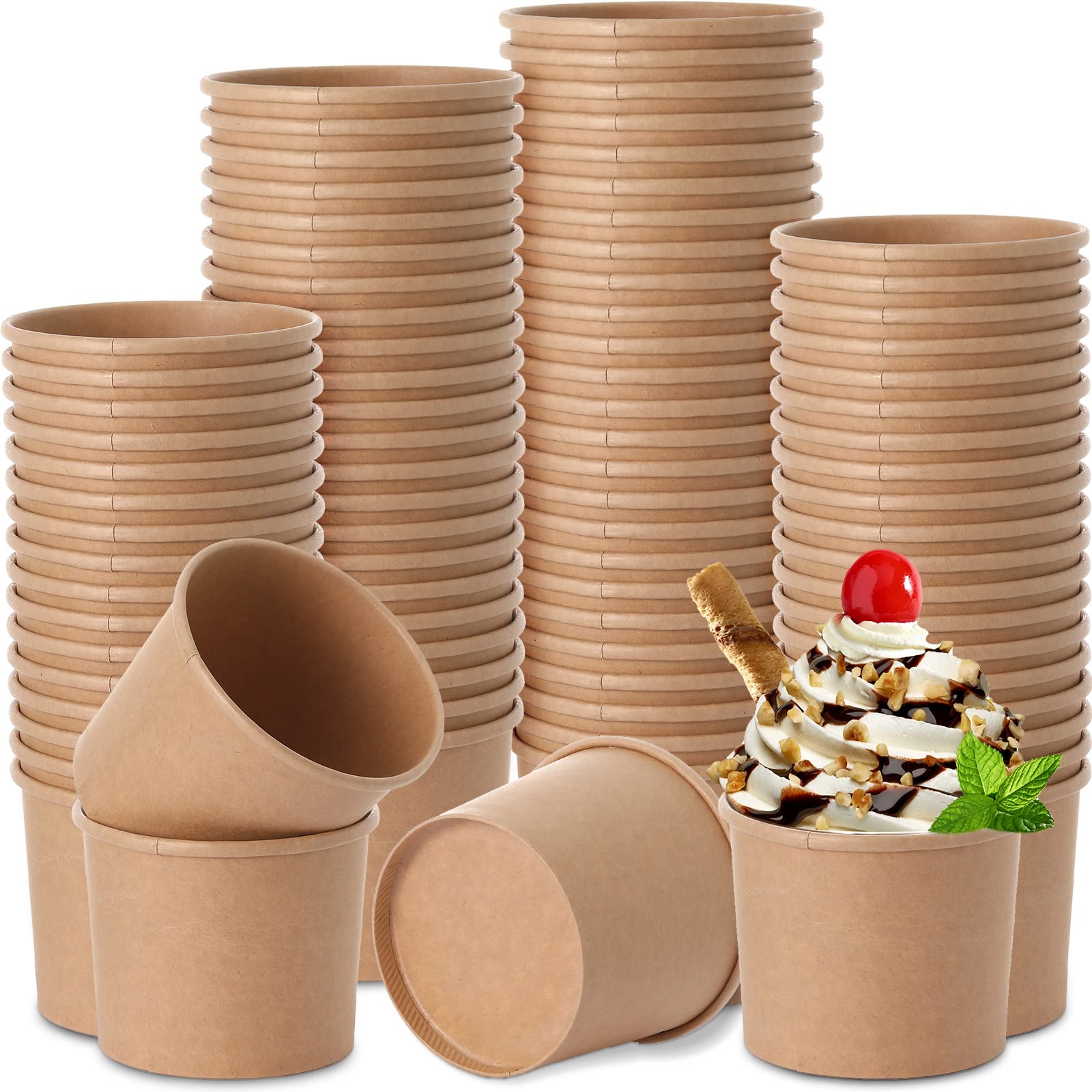 Photo 1 of Honeydak 100 Pieces Ice Cream Soup Cups Paper 12 oz Disposable Sundae Bowls Kraft Paper Hot Cold Snack Yogurt Dessert Small Cups for Ice Cream Baby Shower Party Supplies, Brown Disposable Bowls