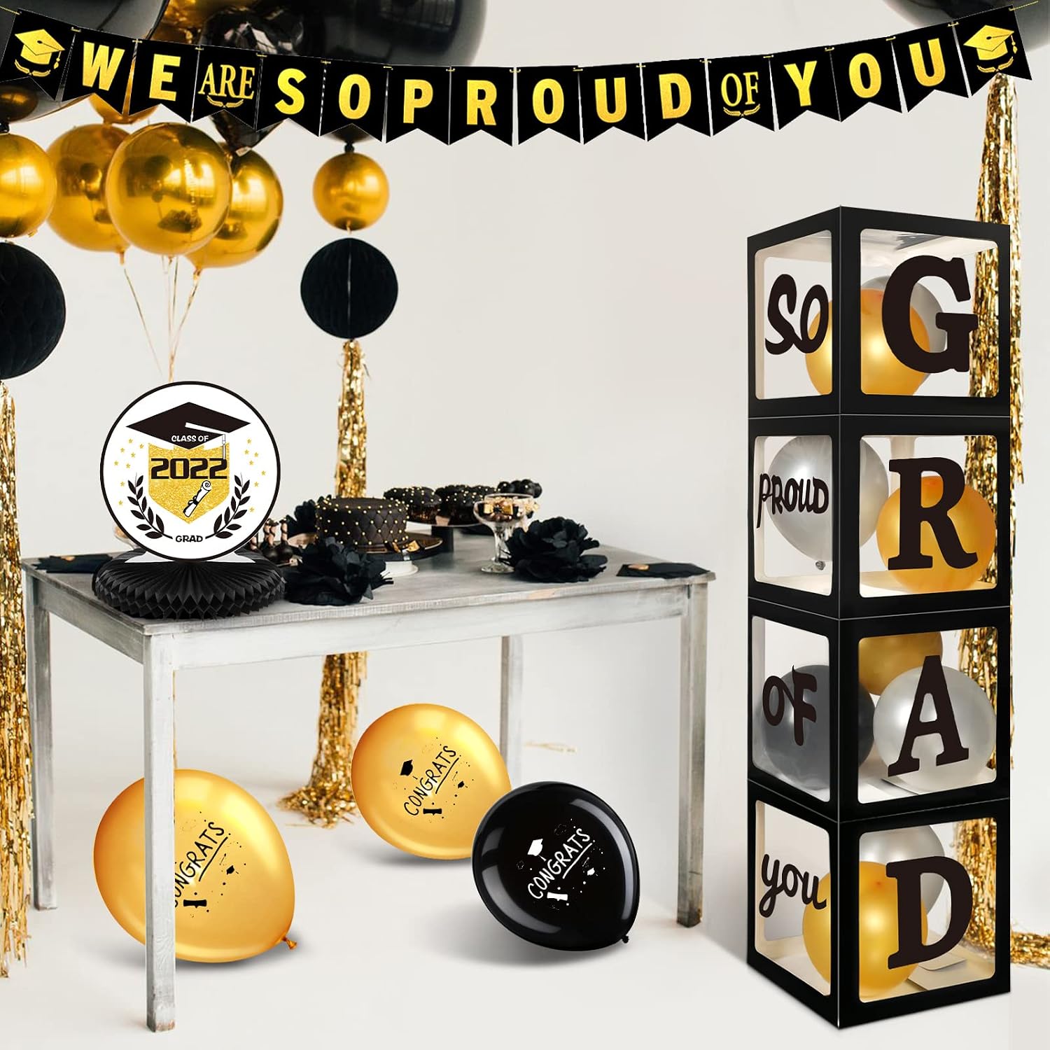 2022 Graduation Decorations 4 Pcs Black Balloons Boxes with Grad So Proud of You Letters Graduation Balloons and Class of 2022 Sign Decor Kit Graduation Party Supplies 2022