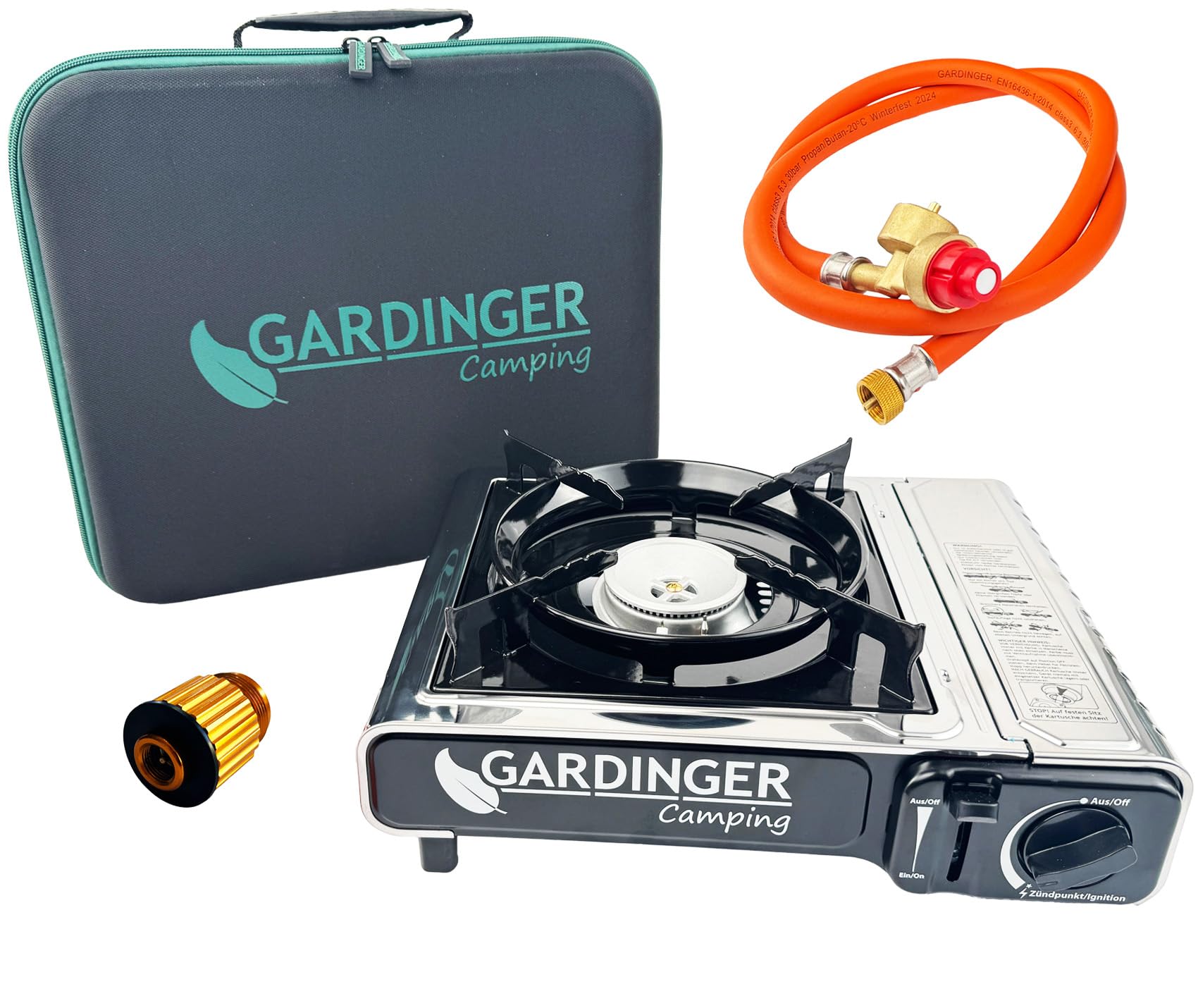 GARDINGER einflammiger Butangaskartuschenkocher Safety Camp Allgas mit Piezozündung Flammenüberwachung und Adapter-Schlauch