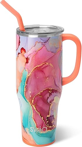Swig Life Taza de viaje de 40 onzas con asa, popote y tapa, apta para vasos, vaso extra grande, acero inoxidable, vaso de café con triple