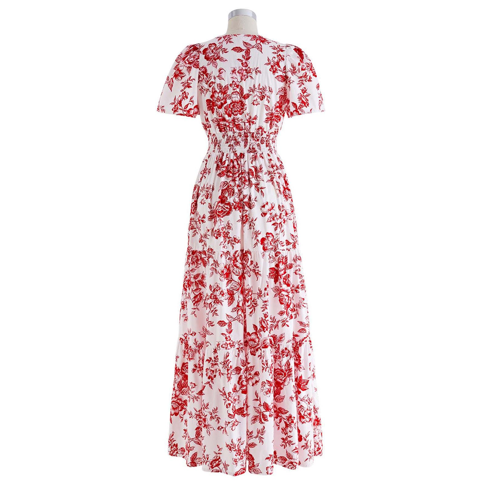 CHICWISH Maxi abito lungo da donna in cotone con maniche a bolla con stampa floreale scollo a V elastico in vita casual rosso abiti estivi lunghi