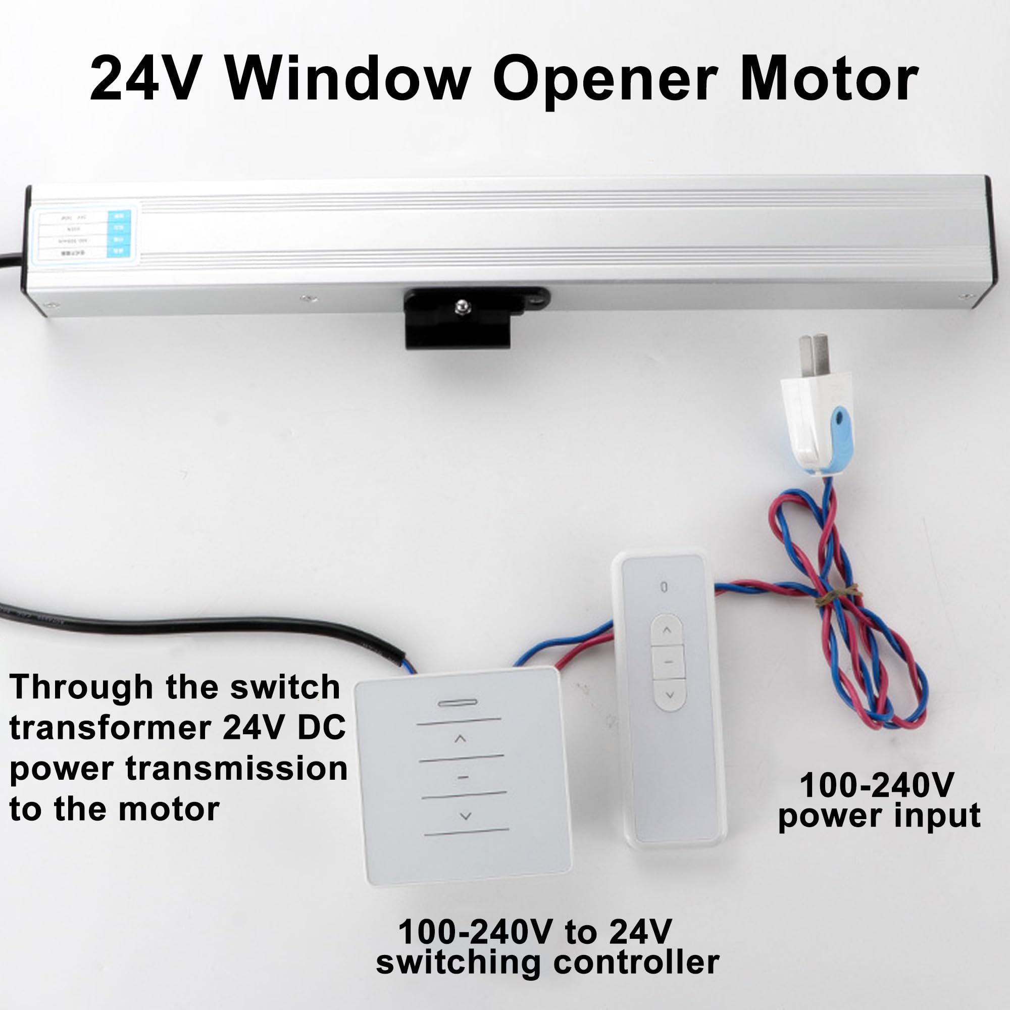 Actuador eléctrico para elevalunas (24V), abreventanas automático, abreventanas eléctrico de Cadena, con Mando a Distancia + Interruptor, para claraboya Ventana Invernadero/tejado 60cm