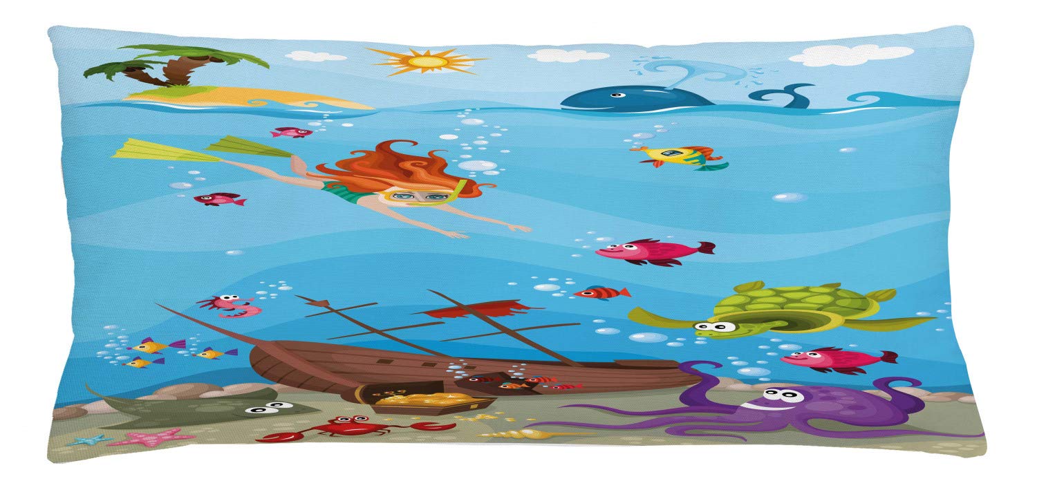 Lunarable Sea Throw Pillow Cushion Cover, Under The Sea Theme Cartoon Underwater Diving Sea Creatures Shells Seahorse Nautical, Decorative Rectangle Accent Pillow Case, 36