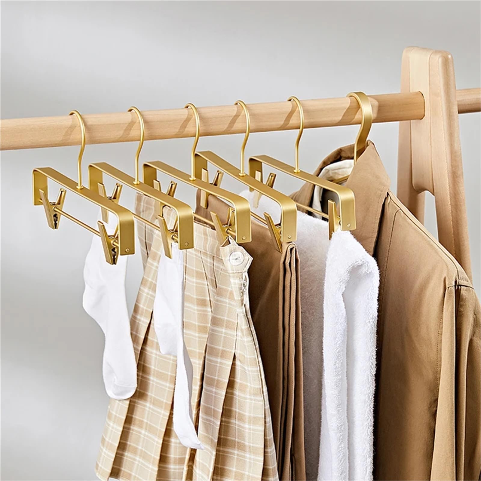 Hosenbügel 5 stücke Hosen Socken Frauen Rock Display Lagerung Rack Haushalt Trocknen Kleiderbügel Mit Beweglichen Anti-Slip Wäscheklammer(Gold)