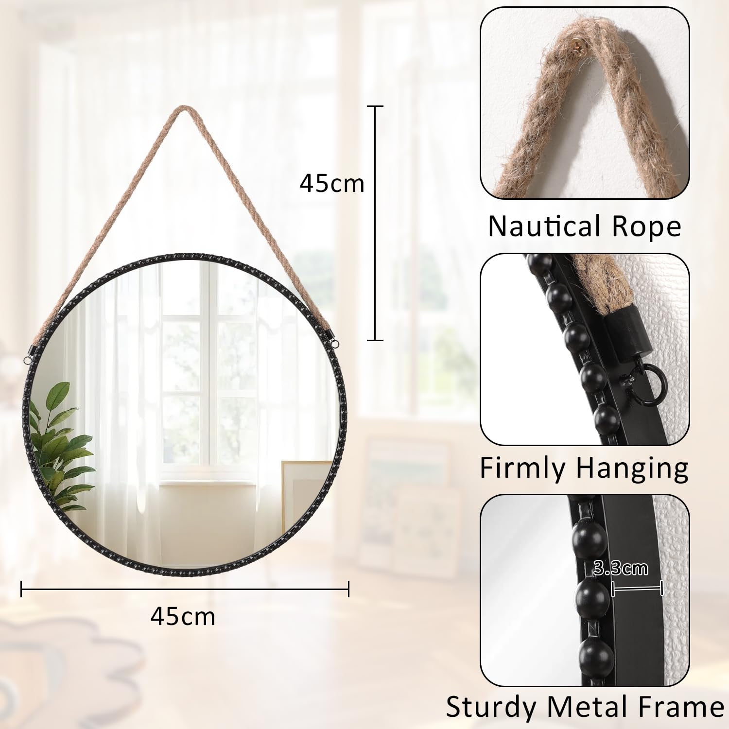 Lzuso Wall Hanging Mirror with Round Metal Framed Black Beaded Circle Mirrors for Bedroom Bathroom Living Room Home Entryway Decorative 45x45cm - Image 2