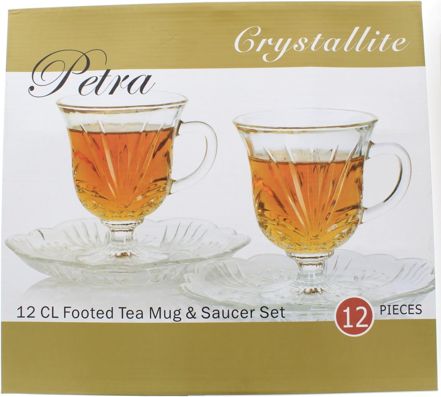 Crystallite Glasses Footed Tea Mugs or Turkish Coffee Glasses and Saucer Set, 6 oz, Set of 12