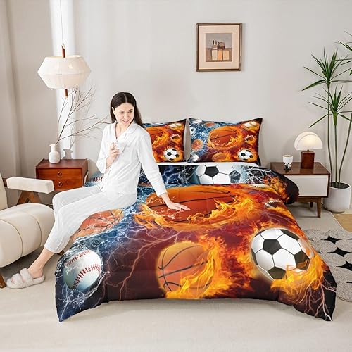 Miniatura 2 de Erosebridal Juego de ropa de cama deportiva para niños, tamaño individual, juego de edredón de béisbol y baloncesto, juego de edredón de fútbol para