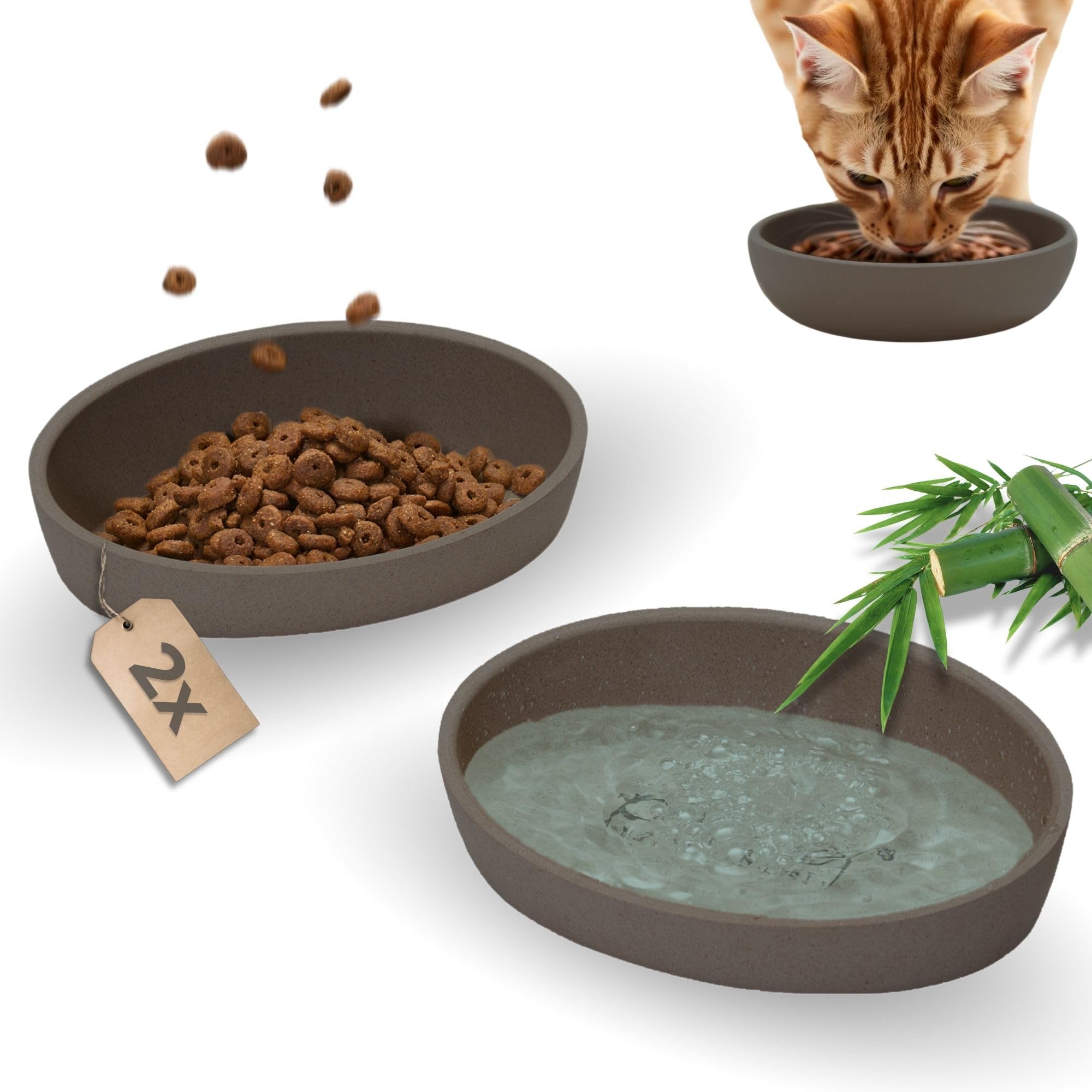 PiuPet® Katzen Napf 2er Set I Futternapf Katze rutschfest I Napf Katze spülmaschinengeeignet I Katzen Futternapf | Katzennapf Flach und Breit I 230ml I Beige/Grey