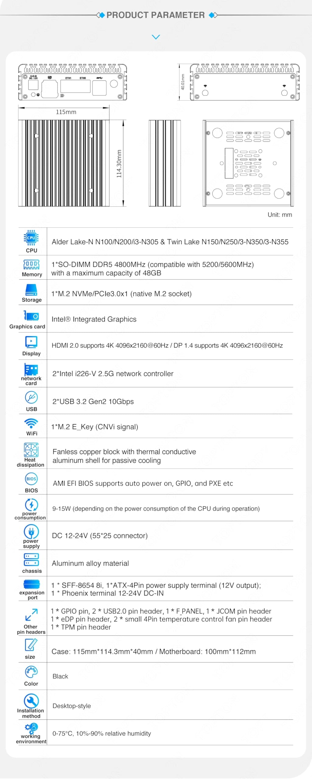 Firewall Appliance Mini PC, N305(hasta 3,8 GHz) Mini router sin ventilador con 2 unidades Inteli226, DDR5 M.2 NVMe, ranura WiFi M.2, 2 USB3.2 (10 Gbps), SFF-8654 (8i), 4K 2HD OPNsense AES-NI