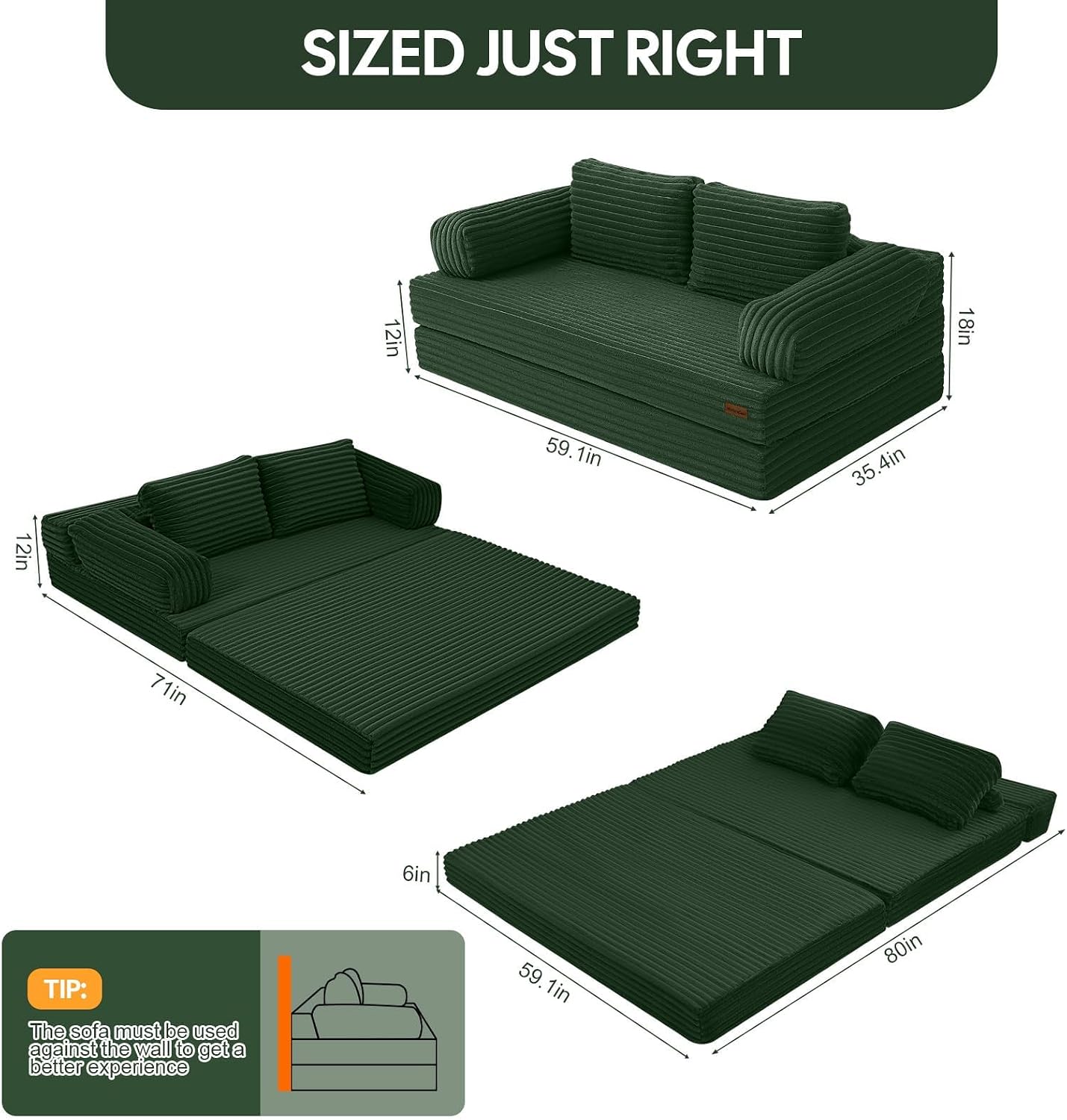 MeMoreCool Convertible Sofa Bed, Folding Floor Couch Bed Queen, Pull Out Sleeper Couch with Pillows, Fold Out Futon Sofa for Bedroom Living Room Small Space, Corduroy Green