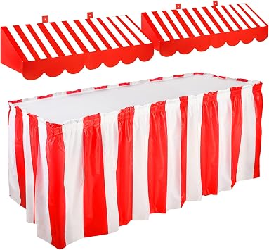 Tallew 3 Pcs 3D Circus Awning Wall Decorations and Stripe Table Skirts Cardboard Awning Tent Decors for Doors Window Classroom Concession Room Carnival Circus PartyRed White,3 Pieces