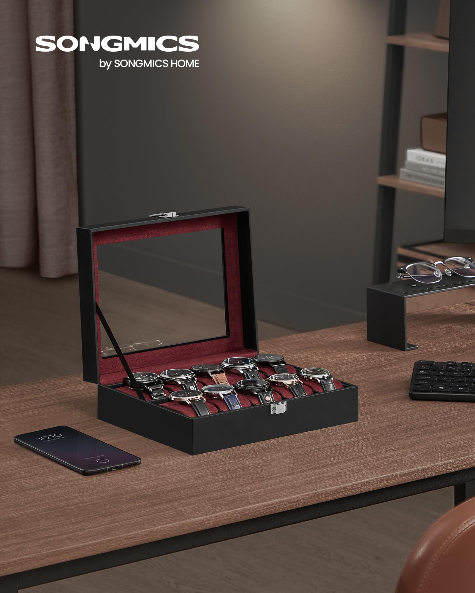 SONGMICS Scatola per orologi con 10 scomparti, custodia per orologi con coperchio in vetro, scatola per esposizione orologi con cuscini rimovibili, chiusura in metallo, idea regalo, pelle sintetica