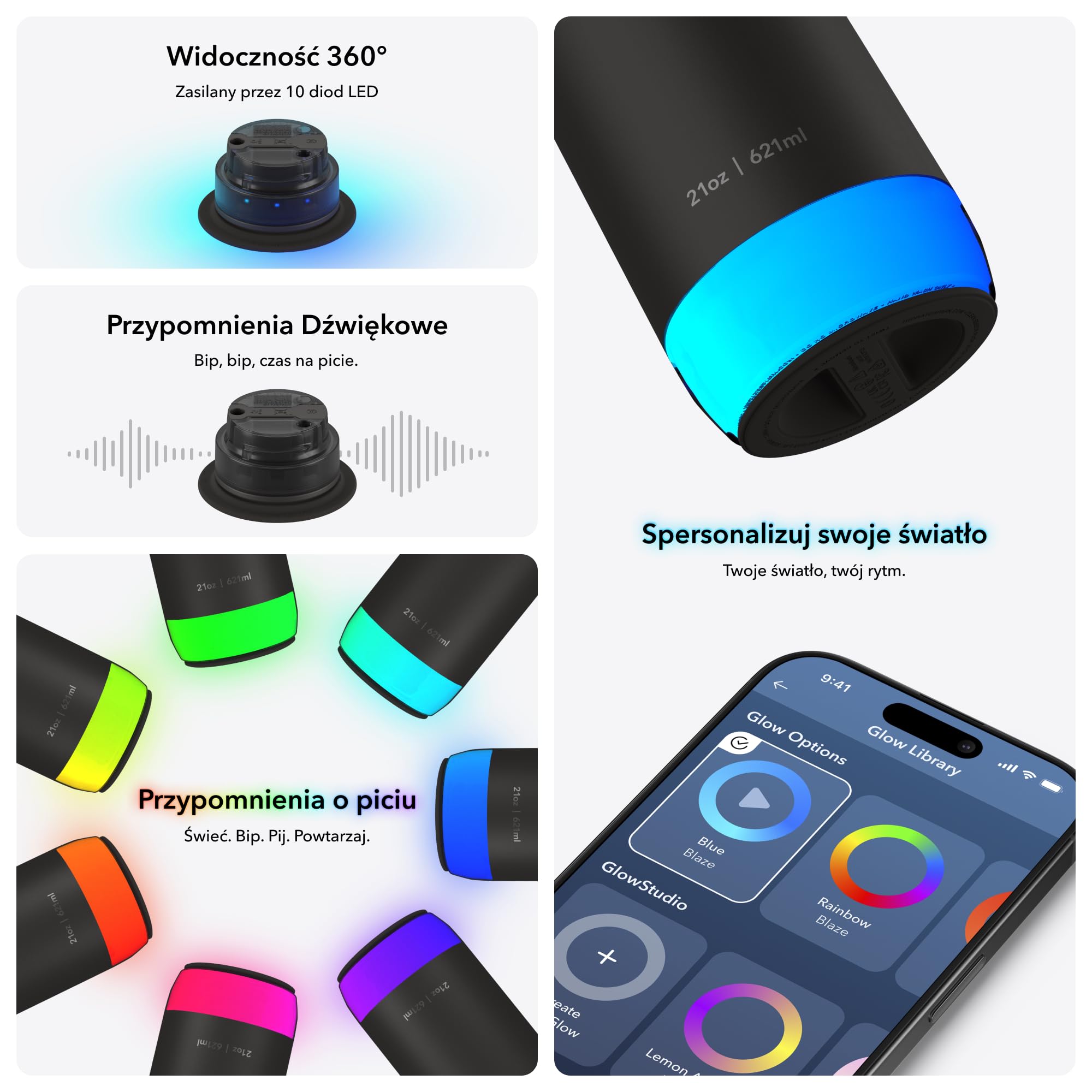 HidrateSpark PRO 2 Butelka Inteligentna – 621 ml Stal Nierdzewna Izolowana, Monitoruje Nawodnienie, LED & Dźwięk Przypomnienia, Bluetooth App, Korek Chug, BPA-Free, Granatowa (z Apple Find My)