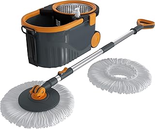 Bonkaso Spin Mop with Stainless Steel Wringer & Big Wheels | 360° Rotating Mop, Adjustable Handle | Easy Floor Cleaning Bucket Set with 2 Microfiber Refills – Grey & Orange (46 x 26.5 x 23 cm)