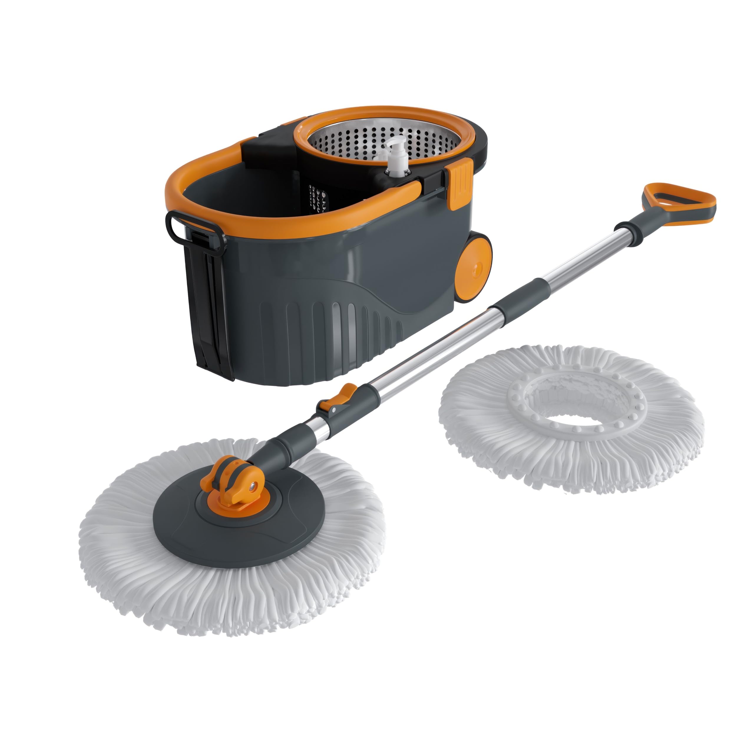 Bonkaso Velocity Stainless Steel Wringer Spin Mop with Big Wheels with 2 Microfiber Refills | 360° Rotating Mop & Adjustable Handle Gray & Orange