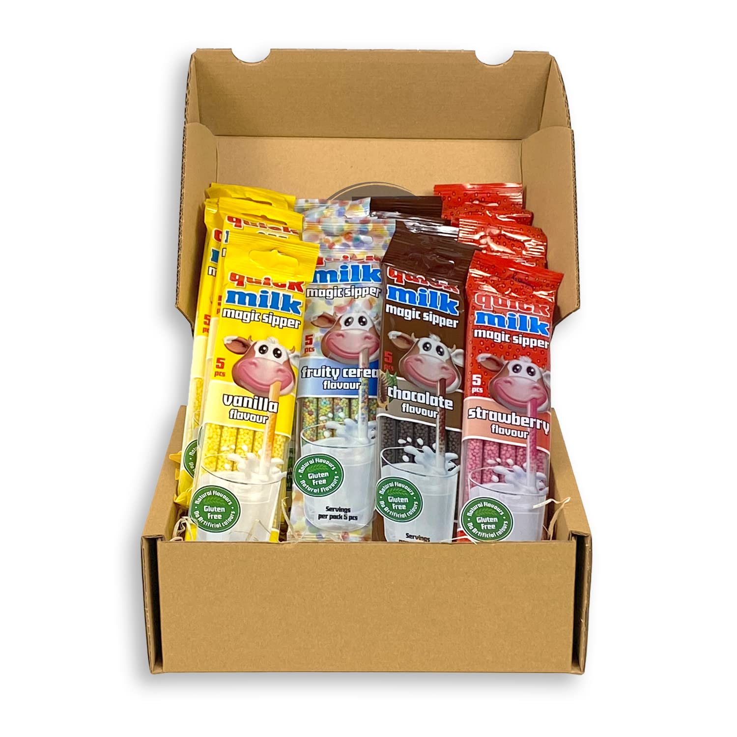 Genusslebenbox mit 4 verschiedenen Quickmilk Trinkröhrchen a 5 Stück, 100x Trinkröhrchen in der Vorratspackung