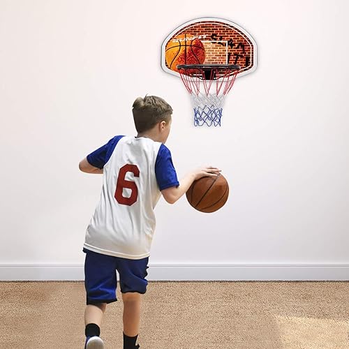 Miniatura 9 de GYMAX Mini aro de baloncesto, aro de pared de 29 x 20 pulgadas con red de repuesto, tablero de baloncesto portátil inastillable, aro de baloncesto