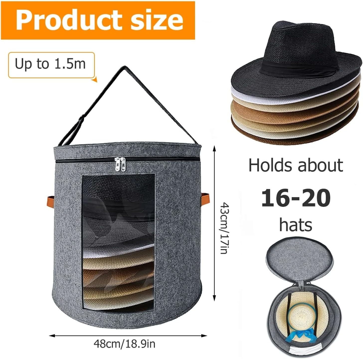 Hat Storage Box Foldable Pop Up Clothes Scarf Organizer Case Portable Adjustable Shoulder Strap(Black,M)