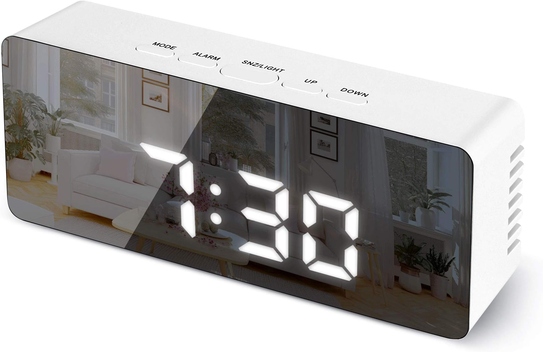 sanlinkee Digital Alarm Clock, Bedside Alarm Clocks with Snooze Time Temperature Mirror Surface Function LED Digital Clock for Office USB Powered & Battery Backup Powered(White Light)