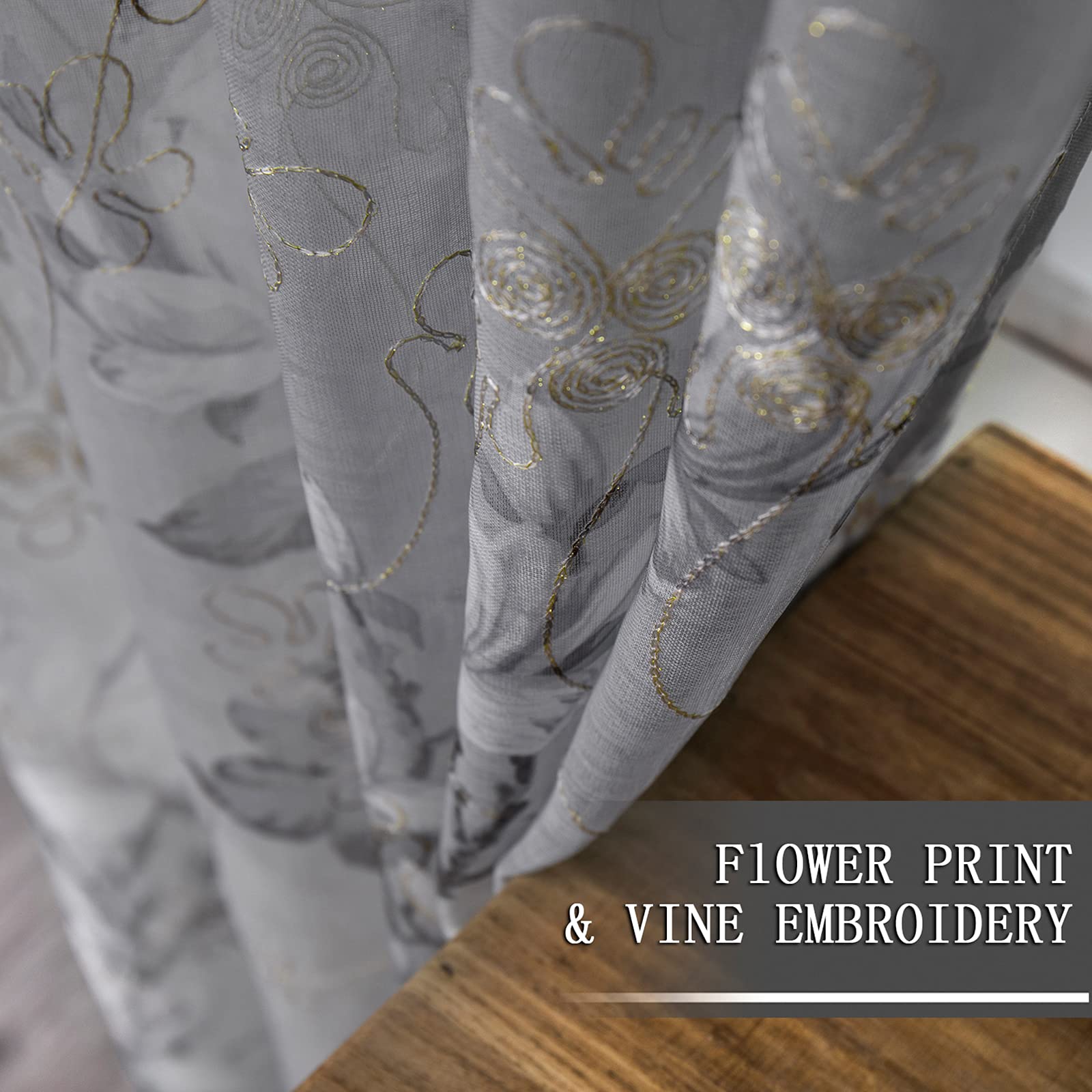 Tollpiz 2 Vorhänge aus Voile, Blumendruck, Grau, mit Blumenmotiv