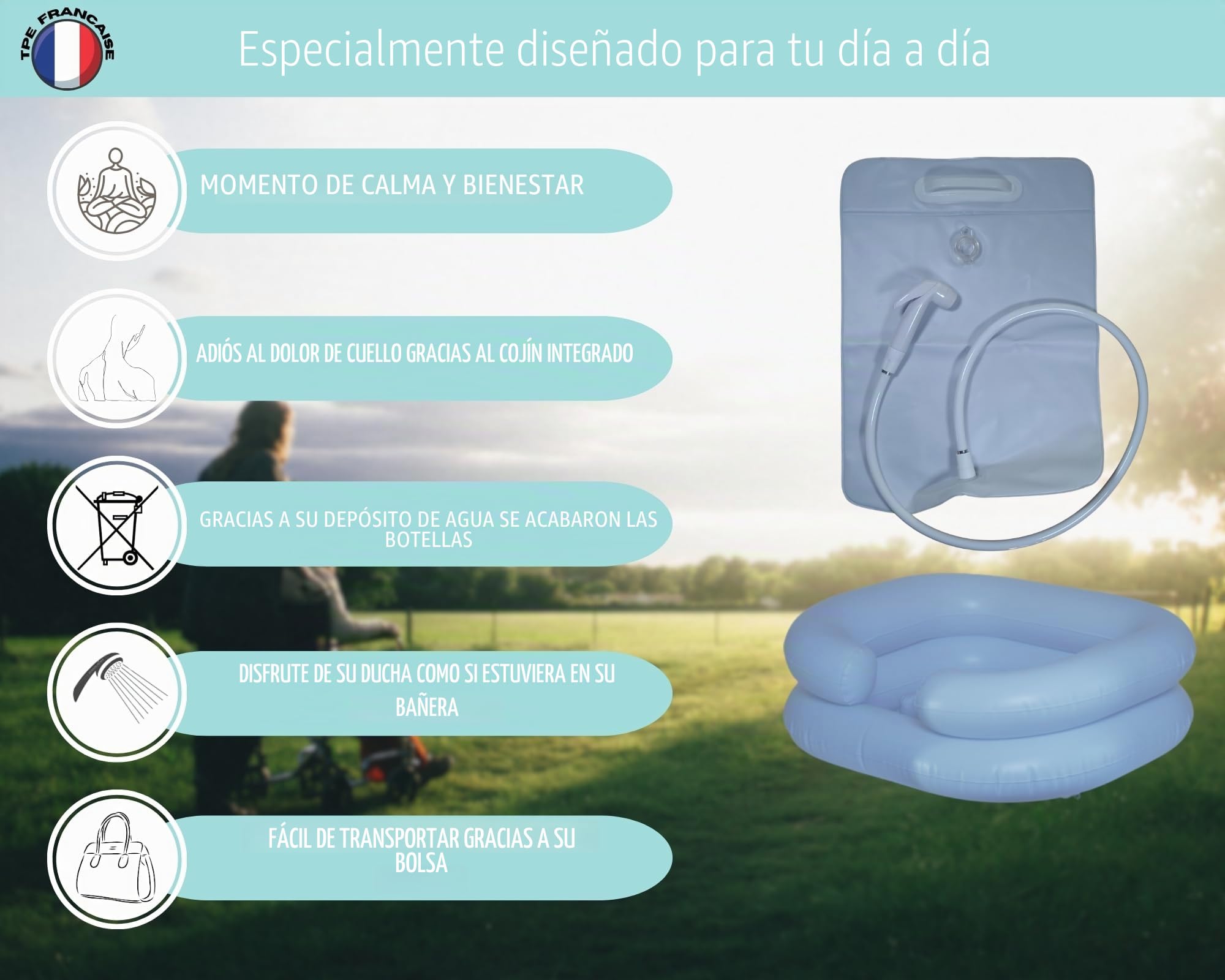 Lavacabezas Portatil con bolsa de agua y ducha, Champú hinchable para cabello, lavabo inflable para casa, personas discapacitades, embarazadas, mayores con Estuche