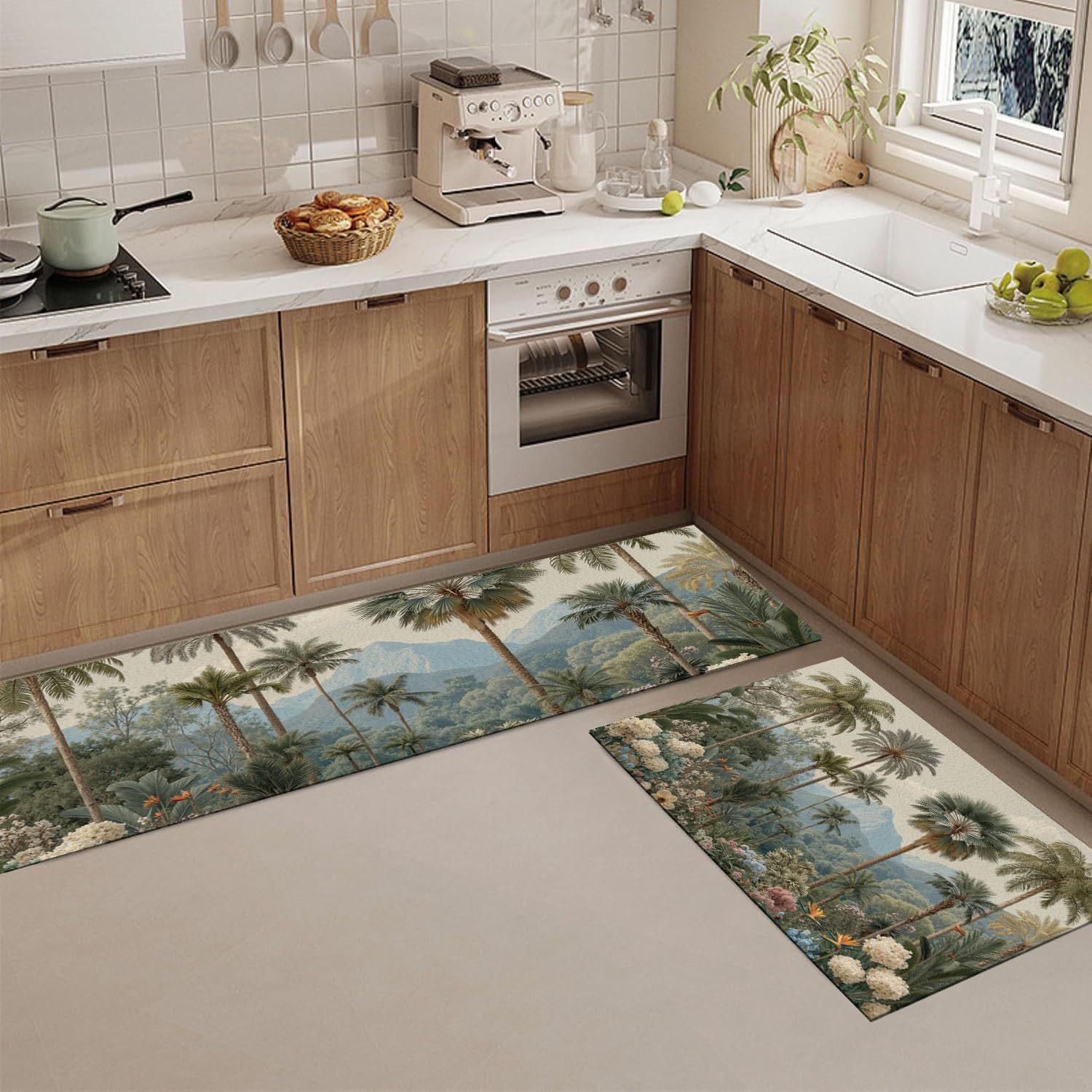 Kitchen Runner Mats Non Slip Washable Retro Botanical Kitchen Rugs Tropical Palm Tree Bird Of Paradise Anti Fatigue Standing Mat Absorbent and Stain-Resistant Floor Mats, Grass Green, 20"x71"+20"x32"