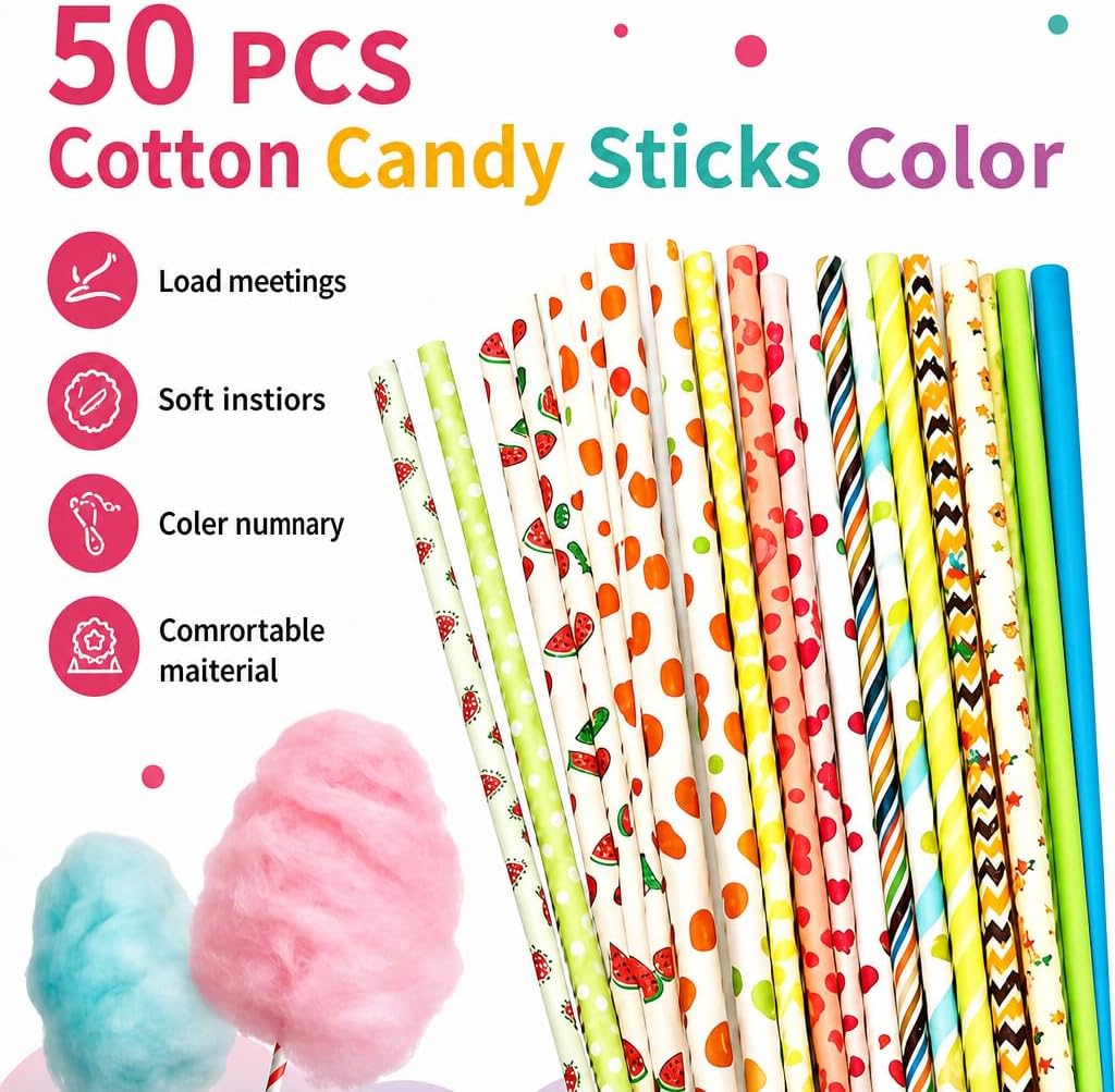 50 Pack 13.78 Inch Random Color Paper Cotton Candy Sticks & Cones, Disposable Supplies for Cotton Candy Machine, Decor Candy Wands for Birthday, Wedding, Holiday Party & Craft Decor