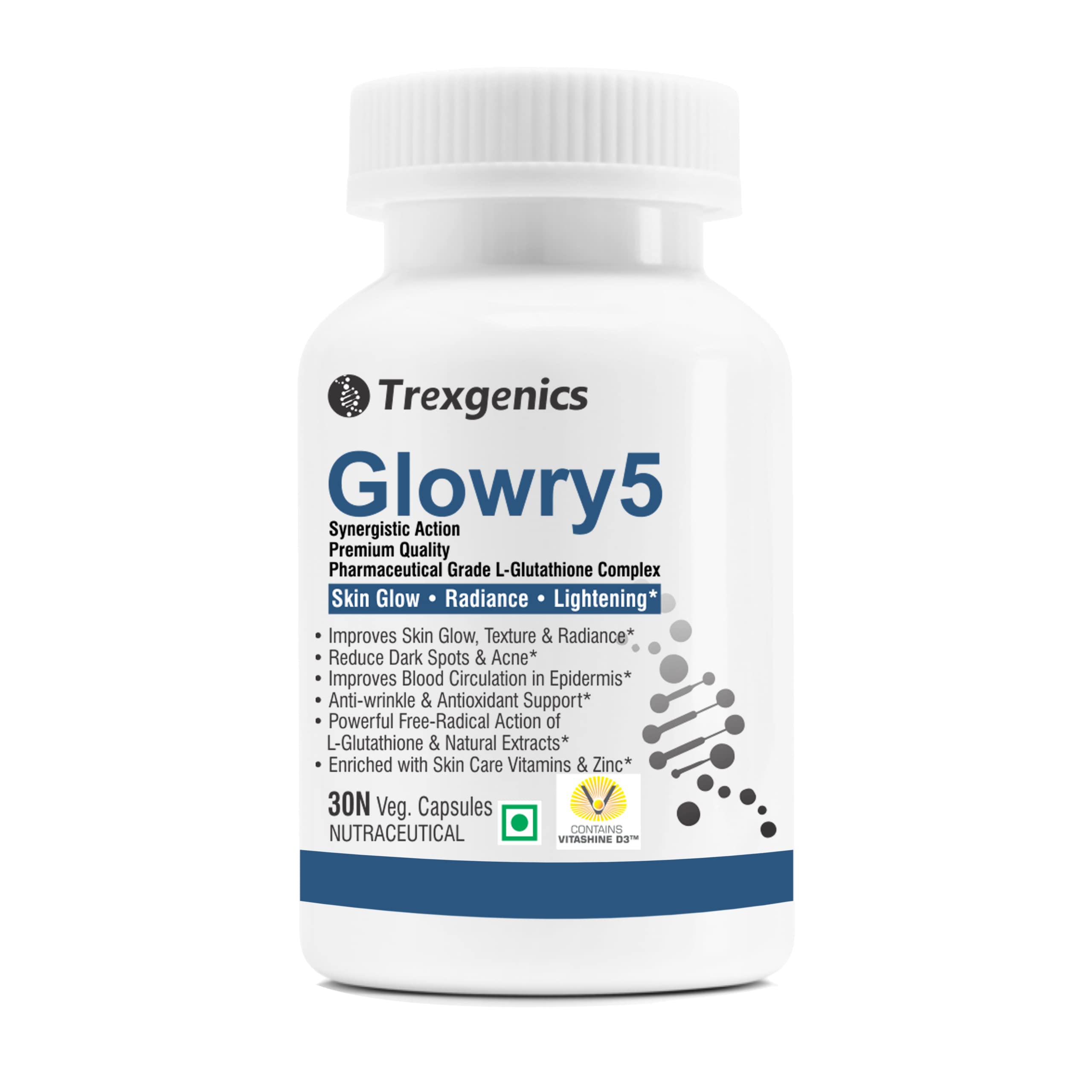 Trexgenics GLOWRY5 Advanced L-GLUTATHIONE Skin Care Complex with Skin Antioxidant Vitamins & Natural Herbs (30 Veg. Capsules) (Pack of 1)