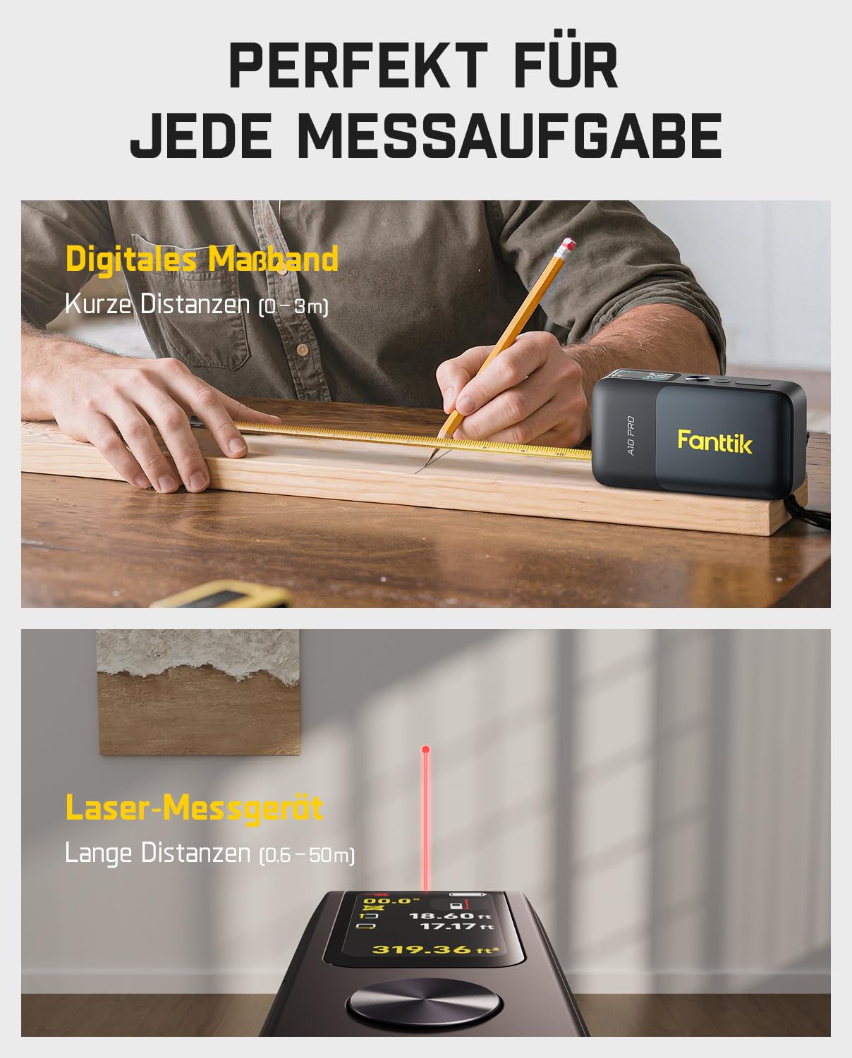 Fanttik A10 Pro 2-in-1 Digitales Laser Entfernungsmesser mit HD IPS-Farbdisplay, Wiederaufladbar 50m Laserentfernungsmesser & 3m Maßband, 6 Einheiten wählbar, Für Entfernung/Fläche/Volumen