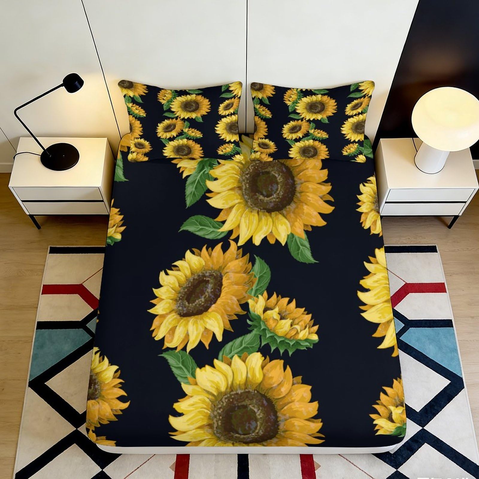3D Printed Sunflower Fitted Sheet Microfiber Deep Pocket Non-Slip Sunflower Mattress Fitted Cover for Bedroom 90x200x25cm