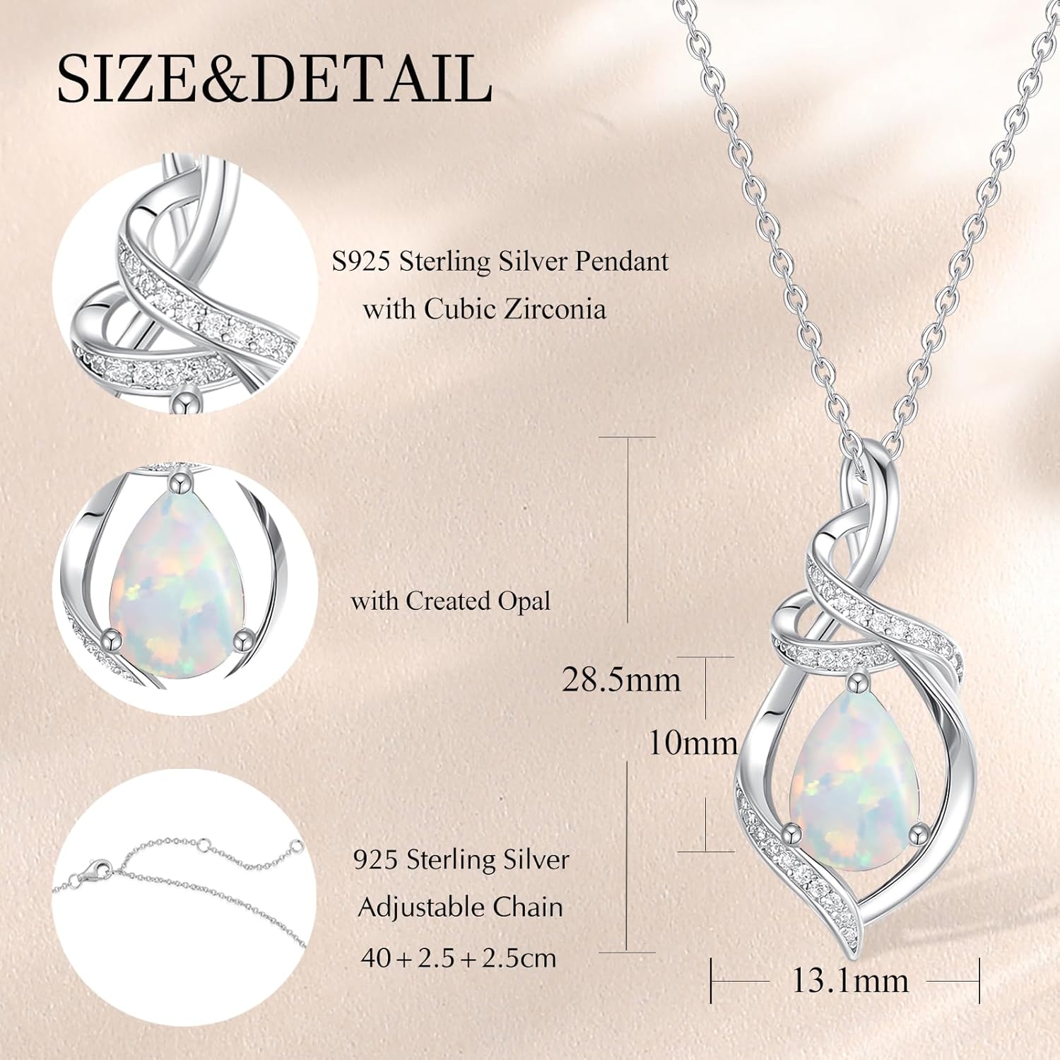FANCIME Teardrop Gemstone Necklace for Women S925 Sterling Silver Elegant Ribbon Pendent Birthday Gifts for Her, 16"+2" Inches - Image 2