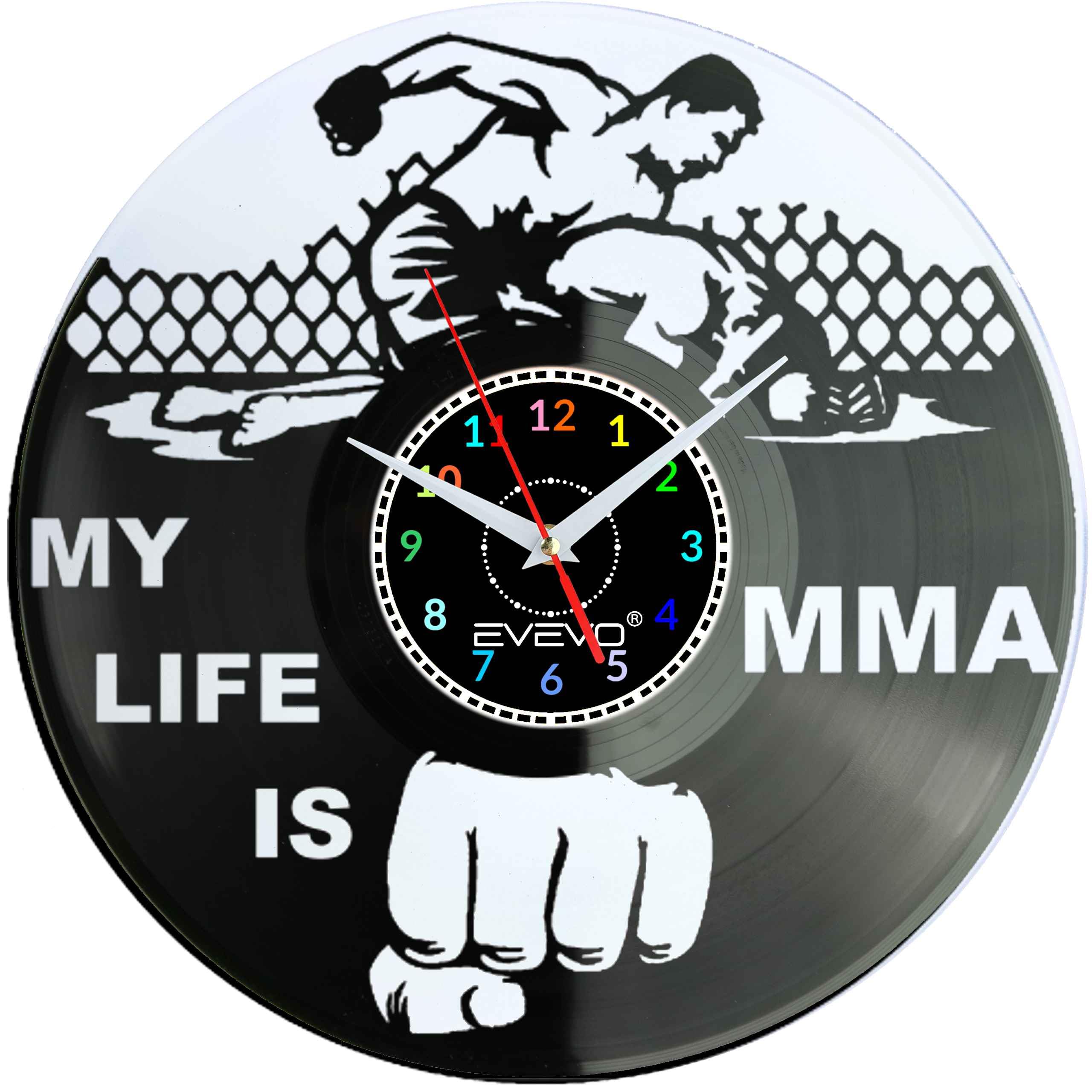 ZEGAR ŚCIENNY MY LIFE IS MMA FLUORESCENCYJNE TŁO PŁYTA WINYLOWA PREZENT UPOMINEK URODZINY GIFT SOUVENIR EVEVO F0048
