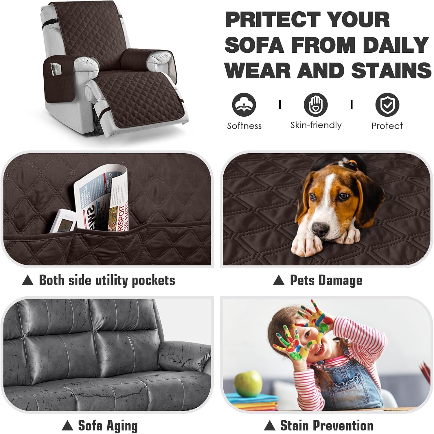 TAOCOCO 100% Waterproof Recliner Chair Covers, Reversible Recliner Covers with Leg Straps, Washable Recliner Sofa Covers for Reclining Chair Furniture Dog Protector with Pocket (Chocolate, 23.6'')