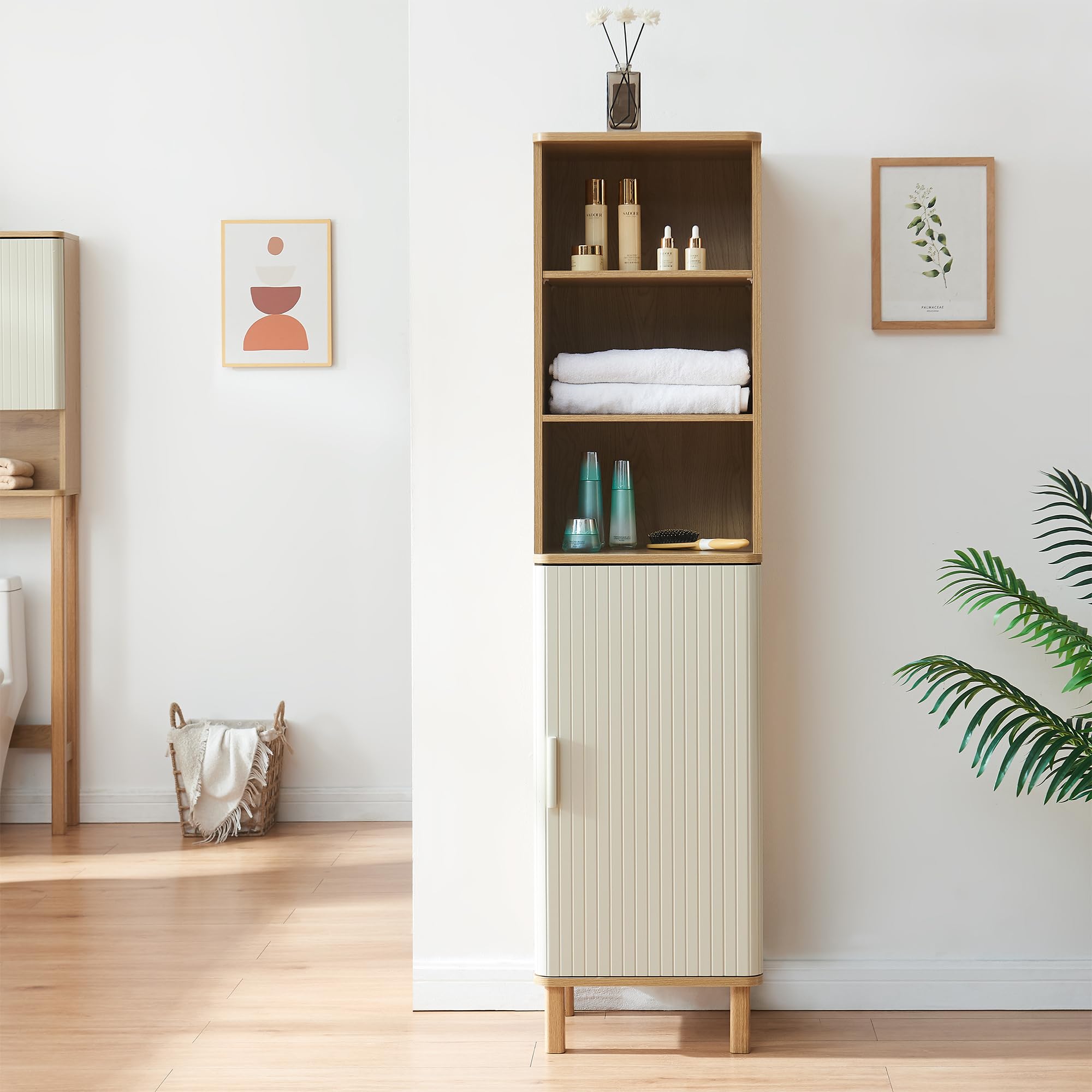 [en.casa] Mobile a Colonna con Anta e 3 Vani Aperti Armadio da Bagno Multiuso con Ripiani Scomparti Chiusi per Corridoio Cucina 160 x 42 x 35 cm - Effetto Rovere/Avena Oatmeal