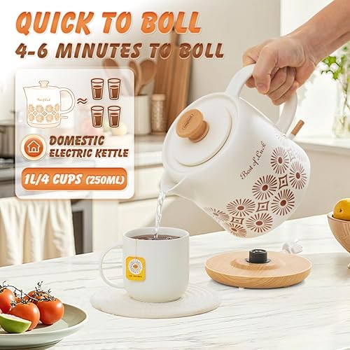 Miniatura 6 de Hervidor eléctrico de cerámica de 1 cuarto de galón, apagado automático, tetera de porcelana, caldera eléctrica de agua caliente con luz LED,