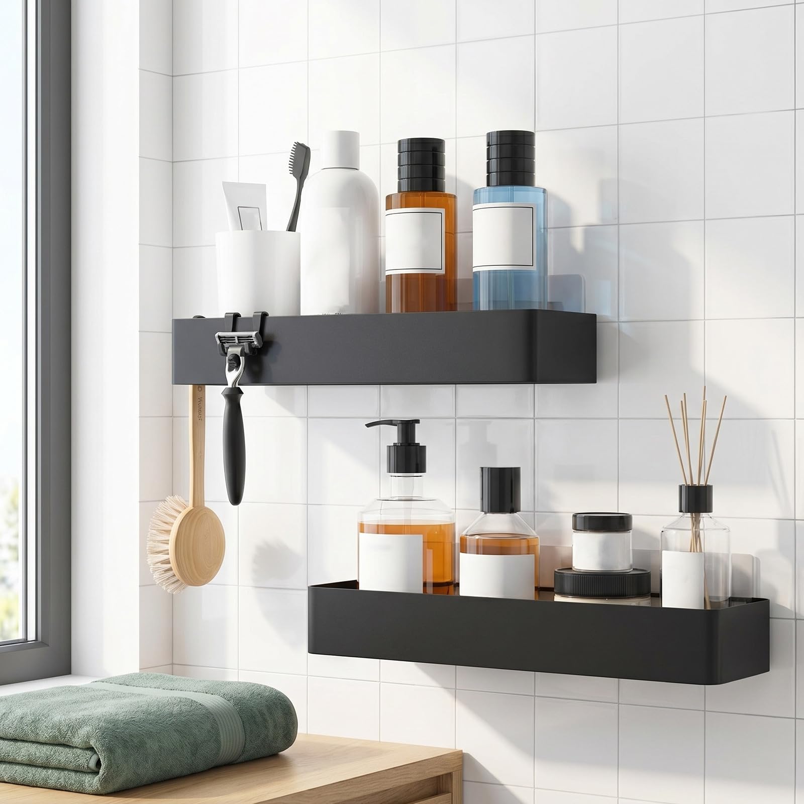 ibasenice Estante de Ducha Diseño de Estante Flotante sin Taladro Negro de Acero al Carbono y Estructura Inferior Hueca para Baño o Dormitorio