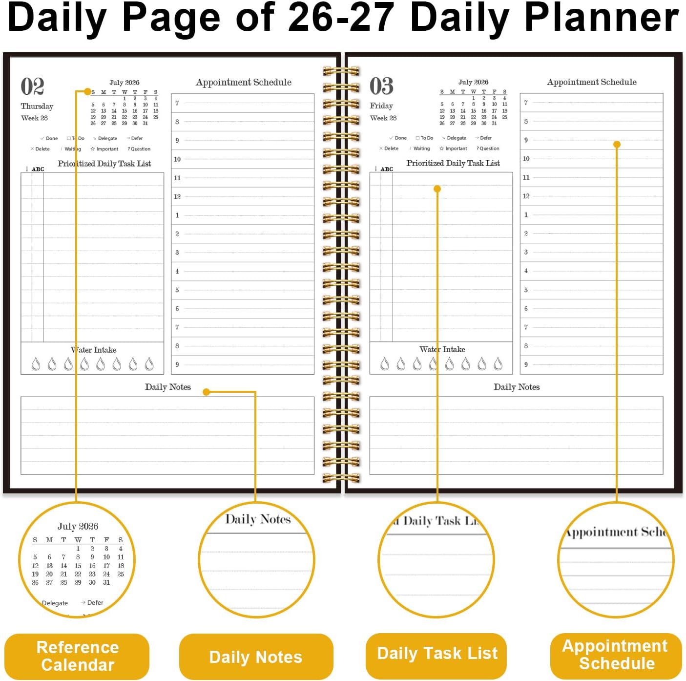 Daily Planner 2026-2027 - Full Page Per Day, July 2026 to June 2026, 2026-2027 Daily Planner with Spiral Bound, Inner Pocket, Perfect for School Office Supplies, 7'' x 10'', Black