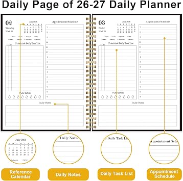 Daily Planner 2026-2027 - July 2026 to June 2027, 7 x 10, Black | Spiral Bound, daily planner june 2026-2027 with Inner Pocket, Hourly Schedule, Perfect for School & Office Supplies